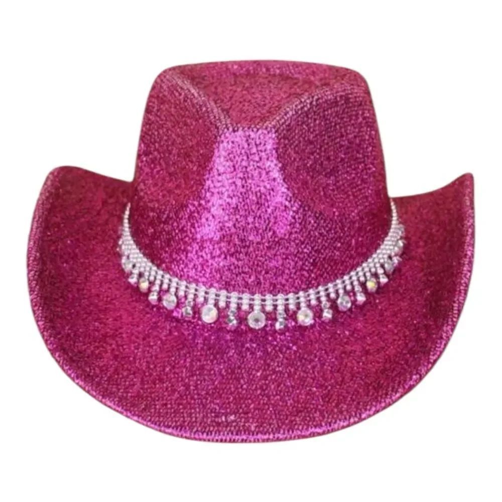 Hot Pink Glitter Wide Brim Cowboy Hat Rhinestone Band Cowgirl Festival Med.